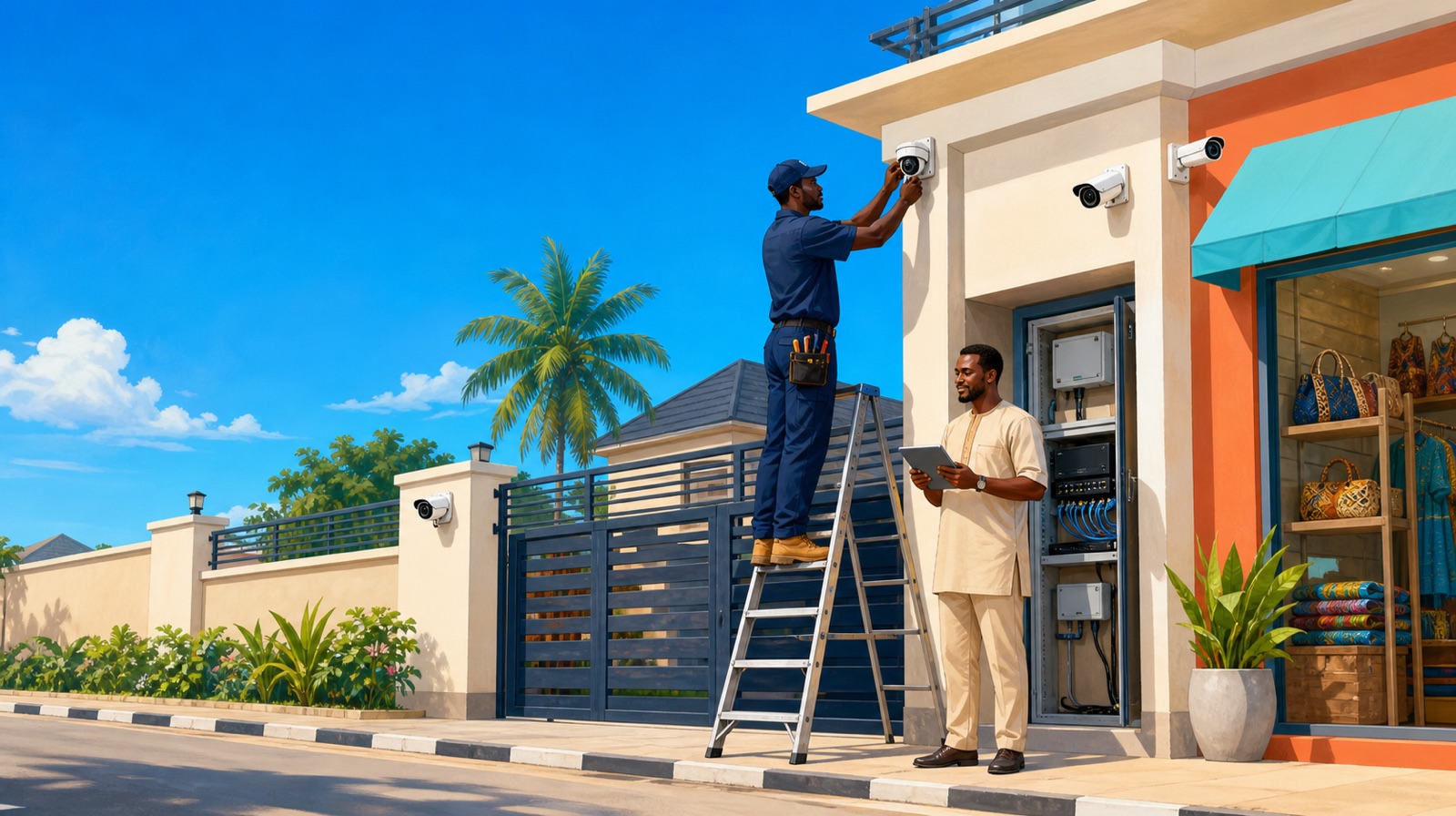 A modern Nigerian property protected by outdoor CCTV cameras