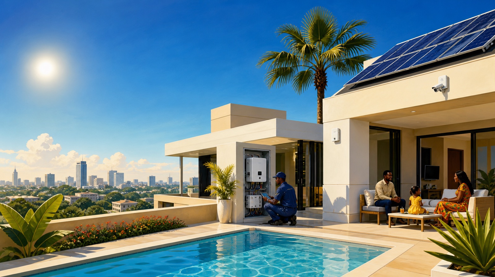 A sunlit Nigerian home using solar power, CCTV and connected-home systems